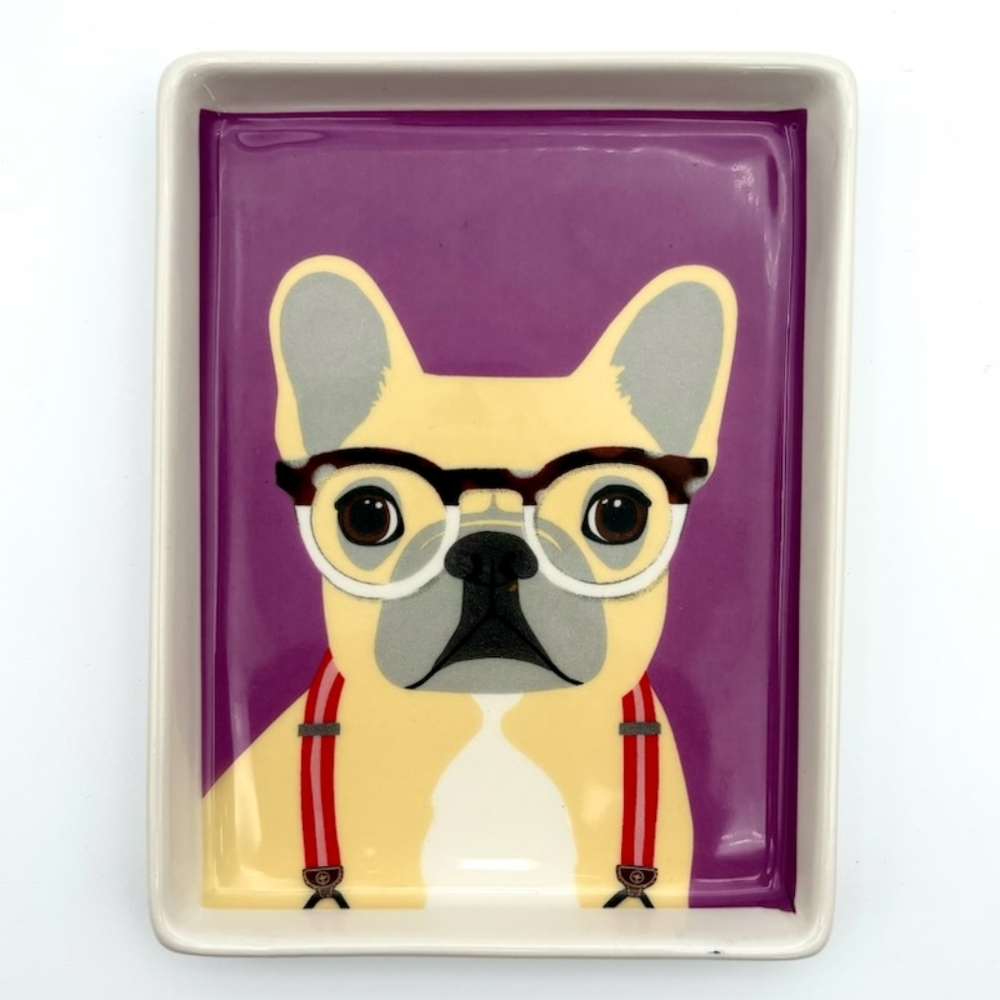 Magenta Ceramic Frenchie Dog Wearing Glasses and Suspenders Plate